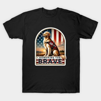 Black t-shirt with patriotic design featuring a service dog and American flag, honoring bravery. Cotton material.