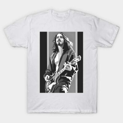 White graphic tee featuring monochrome guitar player illustration, casual style, 100% cotton, unisex.