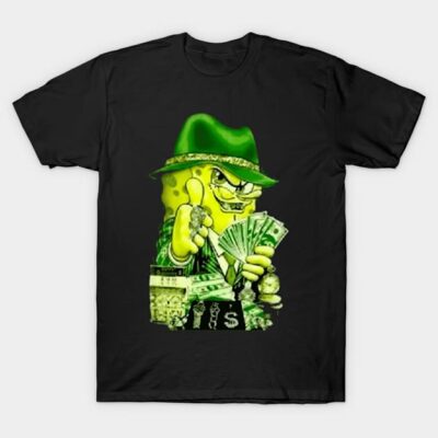 Black graphic T-shirt featuring a cartoon character in a green hat holding money, cotton material, casual style.