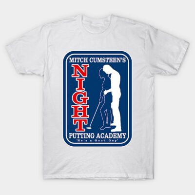 White t-shirt with blue and red graphic design featuring golf-themed text and silhouette.