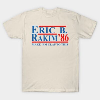White vintage-style T-shirt with bold blue and red text design, ideal for casual wear.