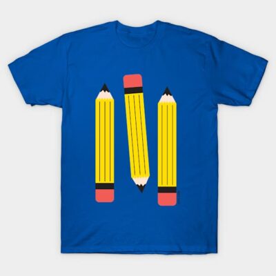 Blue t-shirt featuring a graphic of three yellow pencils. Casual style, suitable for everyday wear. 100% cotton material.