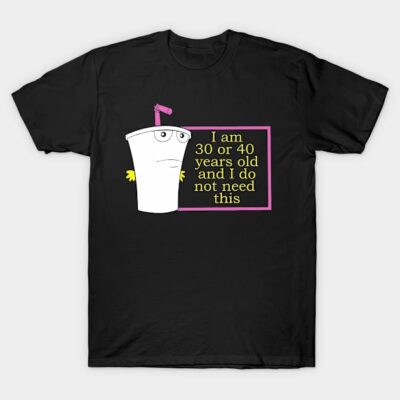 Black t-shirt with humorous cartoon design, featuring a cup and text, perfect for casual wear or gifting.