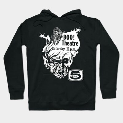Black hoodie with "Boo Theatre" graphic, featuring spooky design, perfect for Halloween or casual wear. Cotton material.