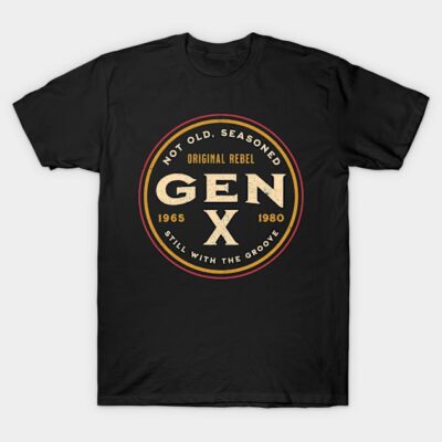 Black Gen X t-shirt with vintage logo, cotton material, casual style, ideal for everyday wear.