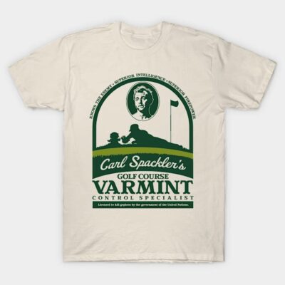 Beige t-shirt with green golf-themed graphic and text, casual style, made of soft cotton for everyday wear.
