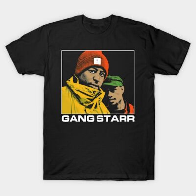 Black t-shirt featuring a vibrant graphic design with text "Gang Starr" in bold white letters, casual streetwear.