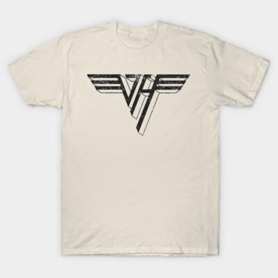 Beige cotton t-shirt with a vintage black graphic logo, casual style for everyday wear. Perfect for music fans.