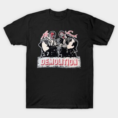 Black graphic tee with bold "Demolition" text and artistic design. Casual style, perfect for fans of retro themes.