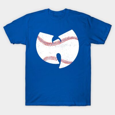 Blue t-shirt with white baseball-themed design, casual style, 100% cotton, perfect for sports fans.