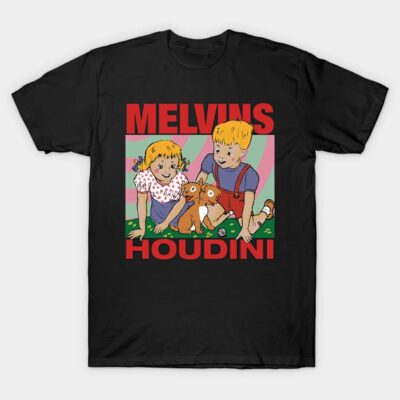 Black t-shirt with colorful cartoon design, featuring kids and dog, text "Melvins Houdini," casual style.