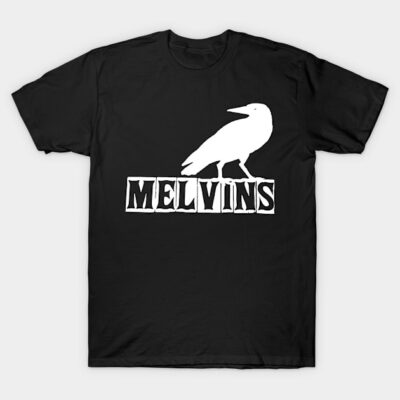 Black t-shirt with white crow graphic and "MELVINS" text, casual style, perfect for everyday wear.