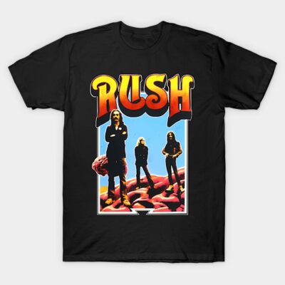 Black graphic tee with bold "Rush" logo and colorful band image, perfect for music fans. 100% cotton, casual style.