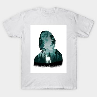 White t-shirt with forest silhouette and deer design, nature-inspired graphic, casual wear, cotton material.