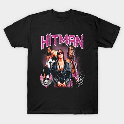 Black "Hitman" graphic tee, featuring bold pink lettering and retro wrestling design, casual cotton T-shirt for fans.