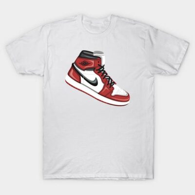 White t-shirt featuring red and white sneaker graphic, casual style, cotton material, unisex design.