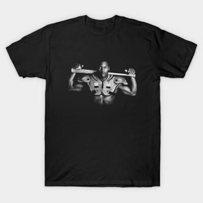 Black t-shirt featuring bold sports-themed graphic, casual wear, cotton material, ideal for everyday use.
