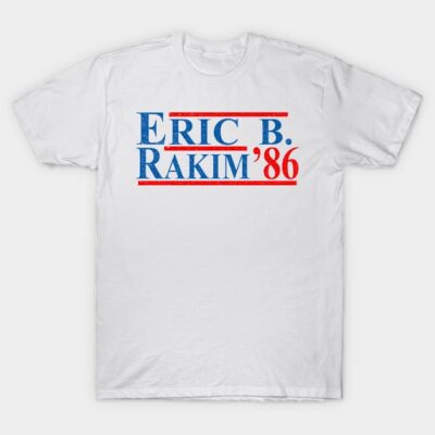 White graphic T-shirt with blue and red text design, casual style, perfect for music fans and everyday wear.