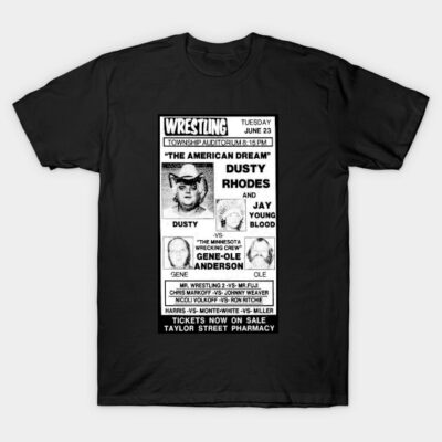Black retro wrestling graphic T-shirt featuring classic match lineup. Comfortable cotton fabric, perfect for casual wear.