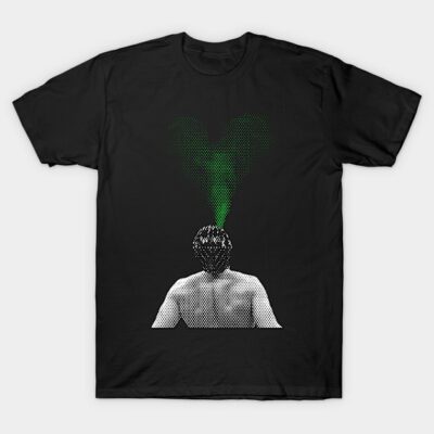Black graphic t-shirt featuring abstract design with green smoke effect, 100% cotton, casual wear.