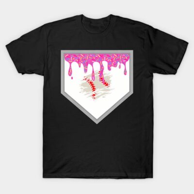 Black t-shirt with pink dripping baseball design, home plate graphic. Casual sportswear, cotton material, unisex style.