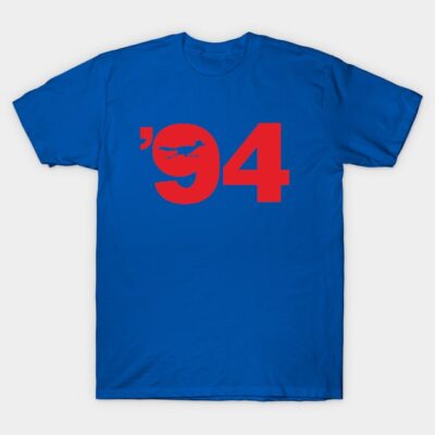Blue T-shirt with red '94 print and dinosaur design, casual style, cotton material, ideal for everyday wear.