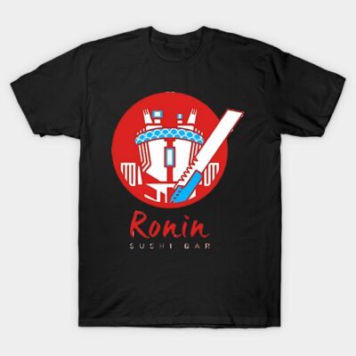 Black t-shirt with red and blue sushi bar graphic design, casual wear, cotton material, unisex style.