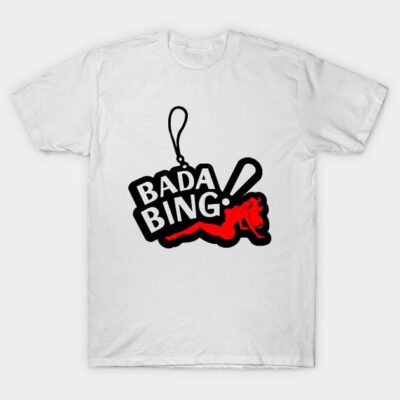 White "Bada Bing" graphic t-shirt with red silhouette design, casual style, cotton material, unisex.