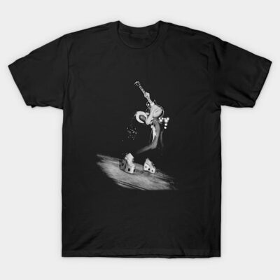 Black graphic t-shirt featuring a cartoon character playing guitar, casual wear, 100% cotton, unisex design.