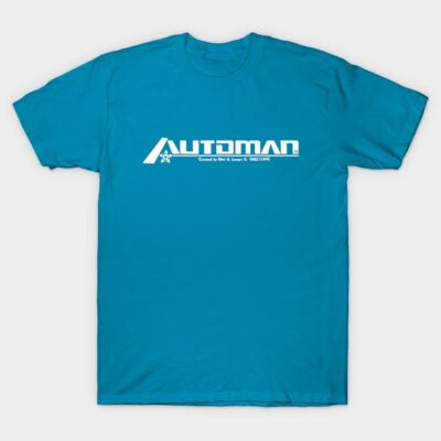 Turquoise graphic t-shirt, Automan logo, casual style, soft cotton fabric, ideal for everyday wear.