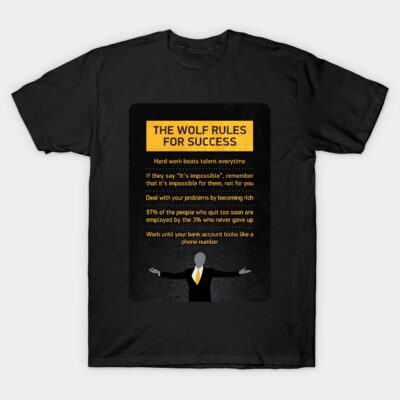 Black motivational T-shirt with "The Wolf Rules for Success" text, casual style, cotton material, inspirational gift.
