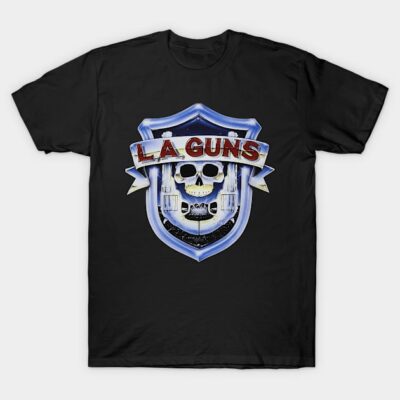 Black graphic t-shirt with skull emblem and "L.A. Guns" text, rock band logo, casual wear, cotton material.