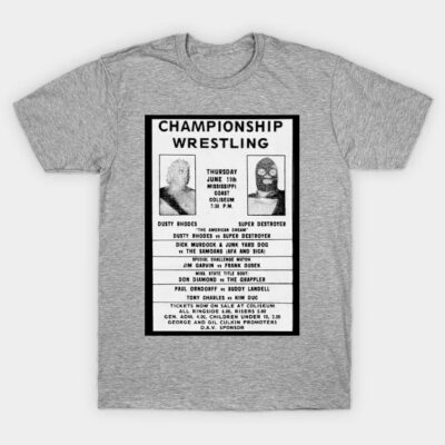 Gray t-shirt with vintage wrestling poster print, casual wear, cotton blend, unisex style for sports fans.