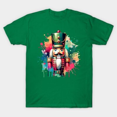 Green t-shirt with colorful nutcracker print, festive design, 100% cotton, casual wear, perfect for holiday celebrations.