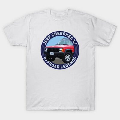 White T-shirt with Jeep Cherokee XJ graphic, "Offroad Legends" text. Casual wear, 100% cotton, classic fit.