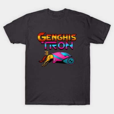Black graphic t-shirt with colorful retro design, featuring text and futuristic vehicle illustration. Casual wear, cotton material.