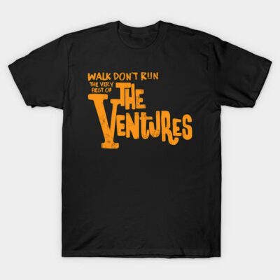 Black t-shirt with orange "The Ventures" graphic design, casual cotton apparel for music fans.
