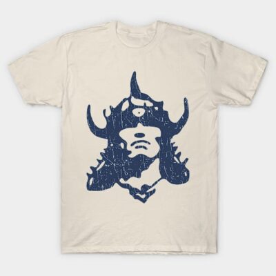 Cream T-shirt with vintage navy samurai helmet print, casual wear, 100% cotton, unisex design.