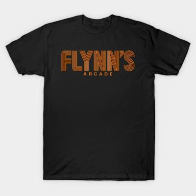 Black t-shirt with "Flynn's Arcade" logo in orange, retro style, casual wear, cotton material.