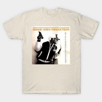 Beige cotton t-shirt with Boogie Down Productions graphic, retro hip-hop style, ideal for casual wear.