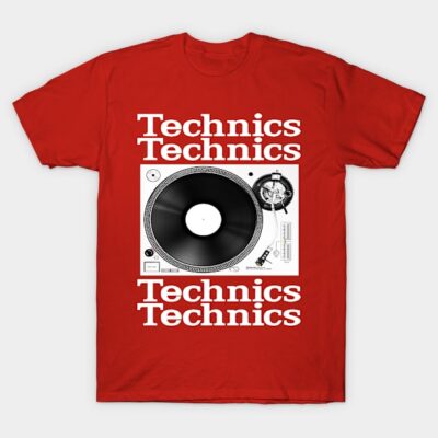 Red T-shirt featuring white Technics turntable graphic design, casual style, cotton material, unisex.