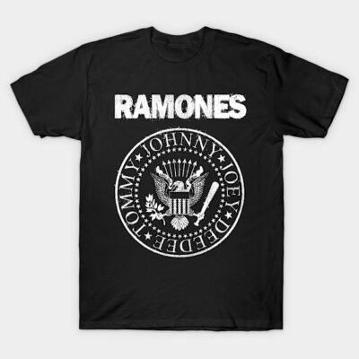 Black Ramones graphic T-shirt, featuring bold white text and emblem, casual cotton tee for music lovers.