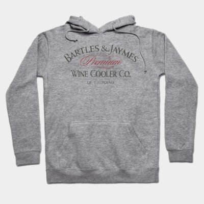 Gray hoodie with front pocket and drawstring, featuring vintage-style "Bartles & Jaymes" text print, casual wear.