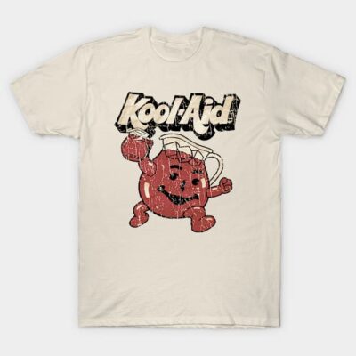 Cream retro Kool-Aid graphic t-shirt featuring a vintage red pitcher design, casual wear, cotton material.
