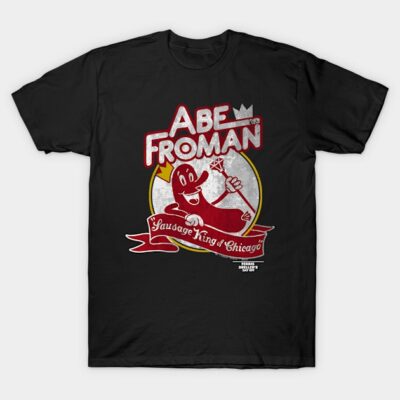 Black graphic T-shirt featuring retro "Abe Froman Sausage King of Chicago" design, casual wear, cotton blend.