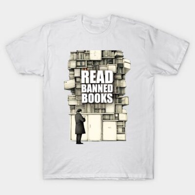 White t-shirt with "Read Banned Books" graphic, featuring stacked books and a figure, casual and educational style.