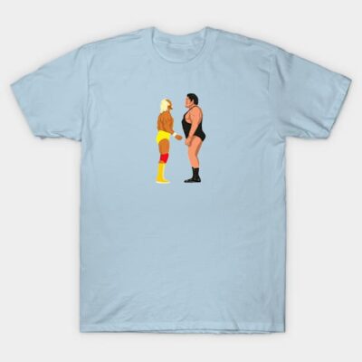 Light blue graphic t-shirt featuring iconic wrestling match illustration, casual style, cotton fabric.