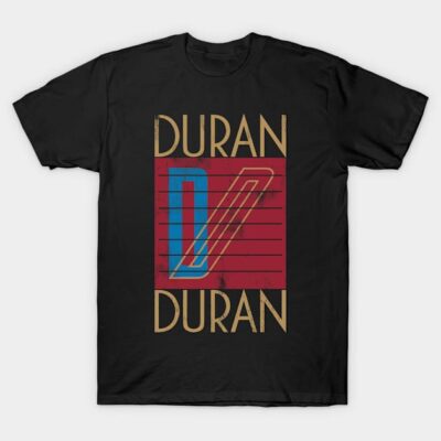 Black graphic t-shirt with vintage style red and blue geometric design, perfect for casual wear.