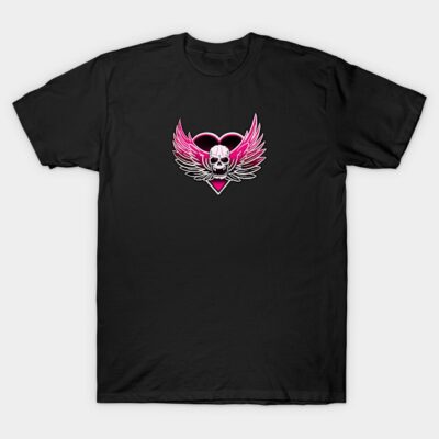 Black t-shirt with pink heart and winged skull design, casual wear, cotton material, suitable for everyday use.