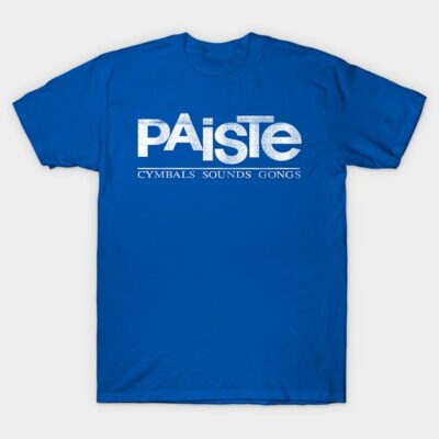 Blue graphic t-shirt with "Paiste Cymbals Sounds Gongs" text, casual style, comfy cotton fabric, unisex fit.